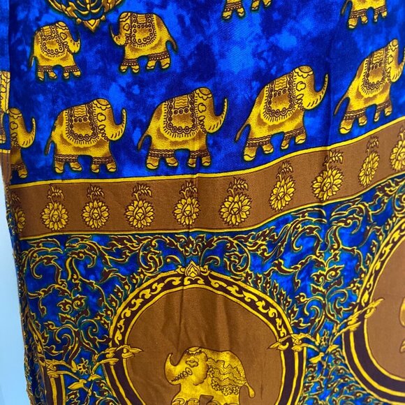 Elephant Print Made in Thailand Blue & Gold Wrap Skirt Midi Skirt Size O/S Large - Picture 4 of 13